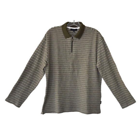 B5 NWT TED BAKER Khaki Striped Textured Knit Cotton LS Polo Shirt Sz 2 $175 - Picture 1 of 7